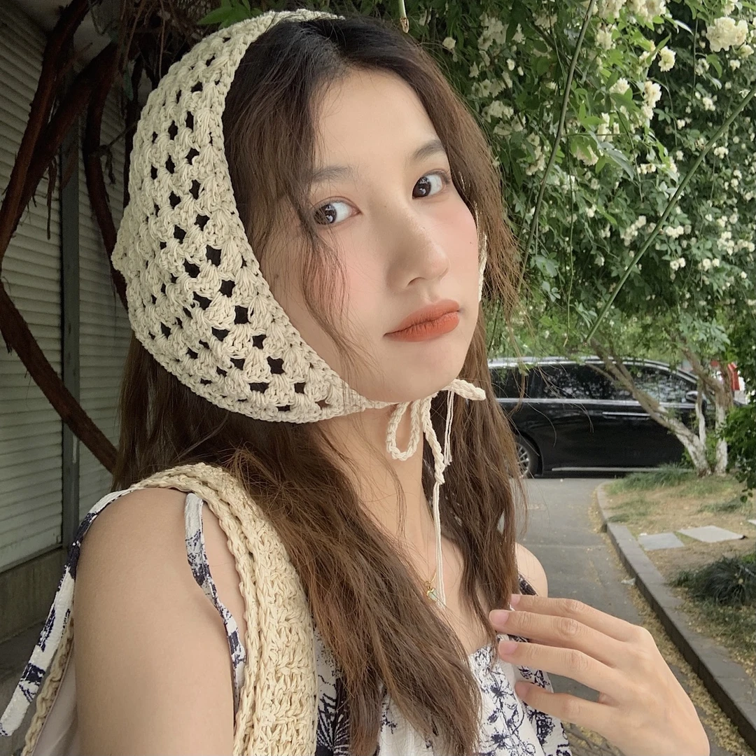 日系手工钩花头巾女纯色甜美ins法式三角巾包头网红针织发带头带