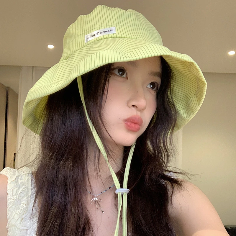 条纹渔夫帽女2024新款夏季户外防晒遮阳显脸小百搭防晒水桶盆帽子