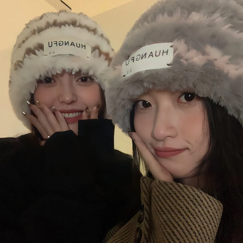 新款帽子女韩版条纹显脸小毛绒绒保暖毛线帽大头围护耳堆堆帽男潮