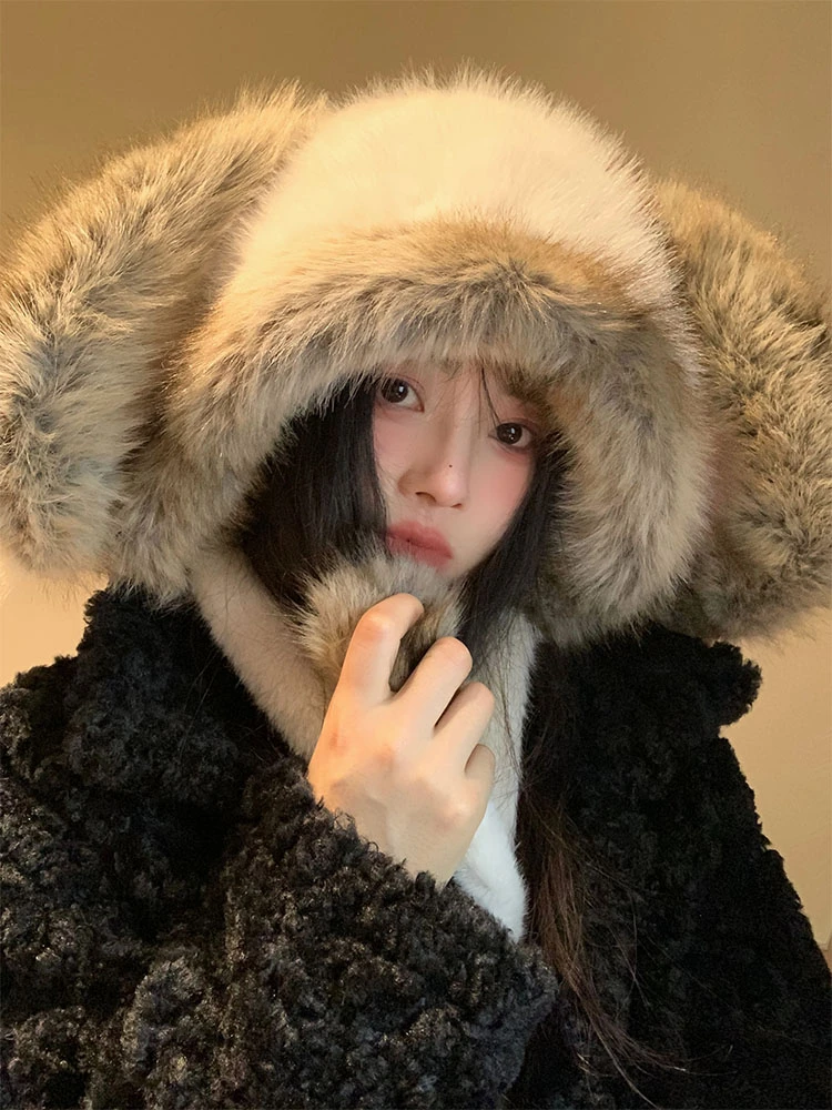 可爱兔子耳朵毛绒帽女冬季2024新款显脸小保暖加厚防寒雷锋帽子冬