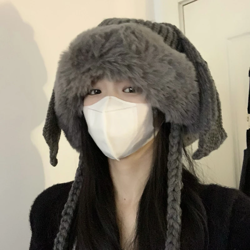 韩版ins网红兔耳朵针织毛绒雷锋帽子女 秋冬保暖加厚护耳毛线冷帽