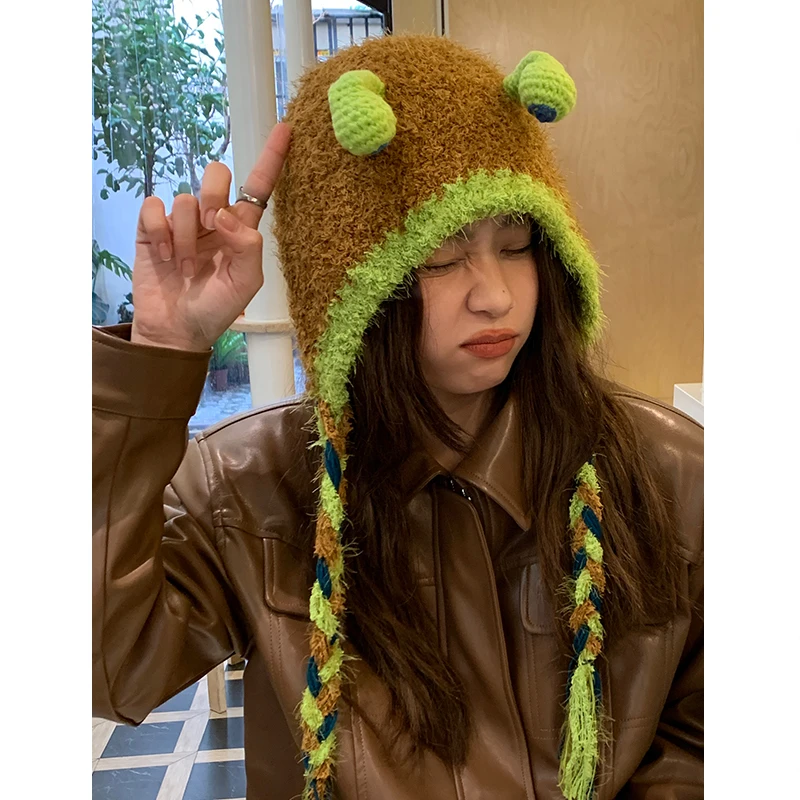 可爱雷锋帽子女秋冬百搭搞怪卡通毛绒耳朵针织护耳包头帽韩版冷帽