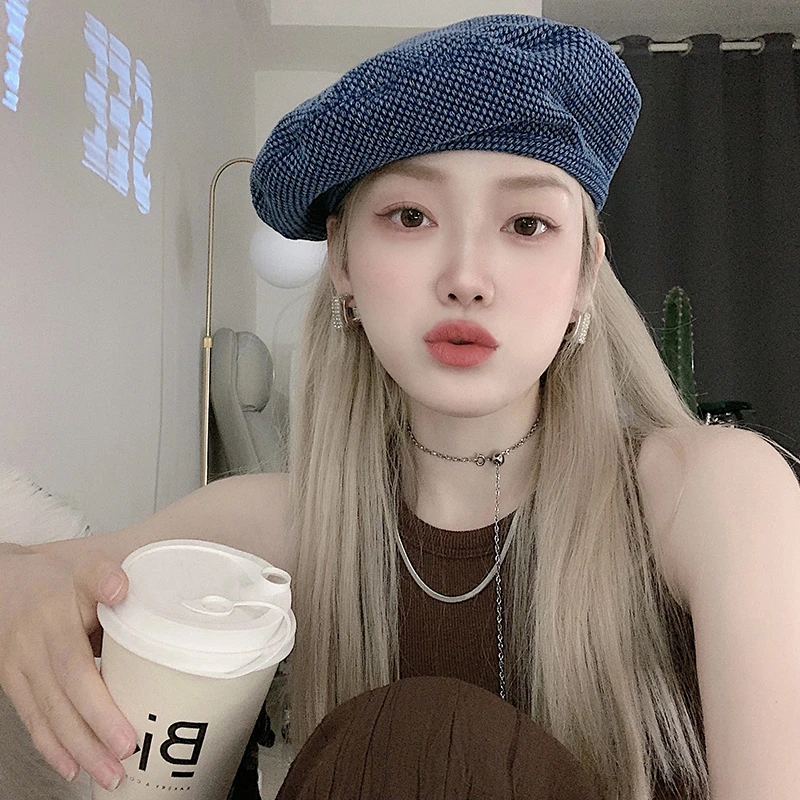 贝雷帽女牛仔蓝ins画家帽气质帽子夏季簿款时尚张天爱同款贝雷帽