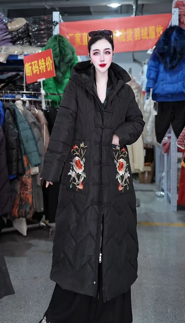 民族风棉服女中长款2025新款刺绣过膝棉袄中国风棉衣加厚冬装