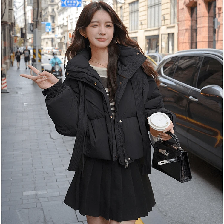 2025冬季新款棉服女短款连帽加厚宽松小个子飘带棉衣外套