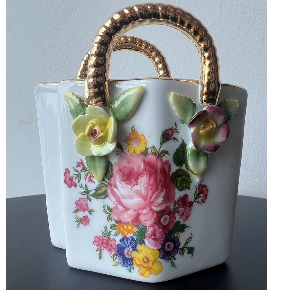 创意高档复古彩绘法式非遗陶瓷双耳小包包收纳罐欧式手工小花插
