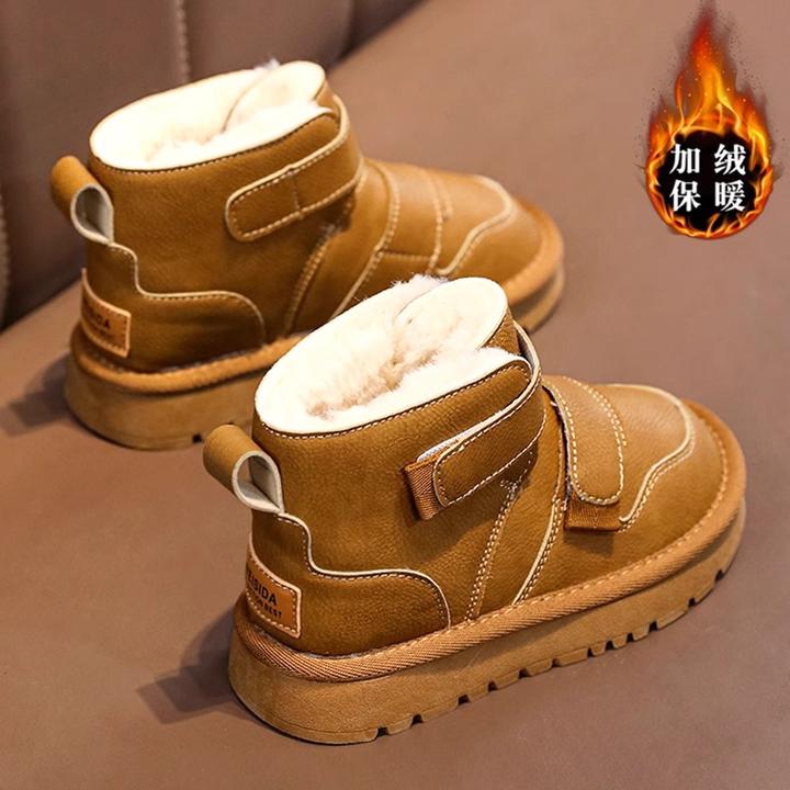 ABC儿童雪地靴男童新款冬季男孩皮面防水大棉鞋冬款加绒保暖棉靴