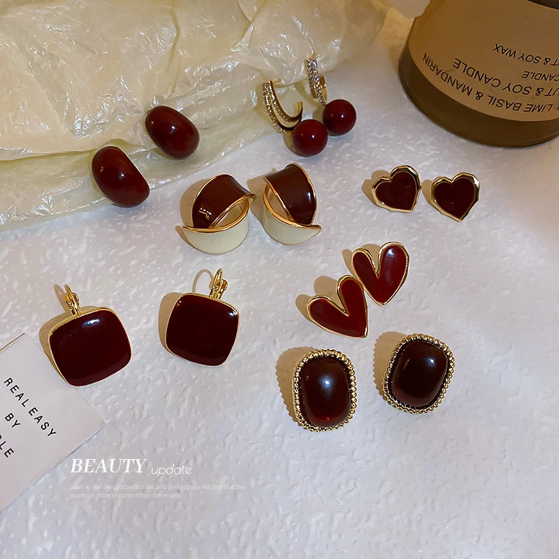 925银耳饰 925银针红色几何滴油爱心耳环新款时尚小众设计耳钉女