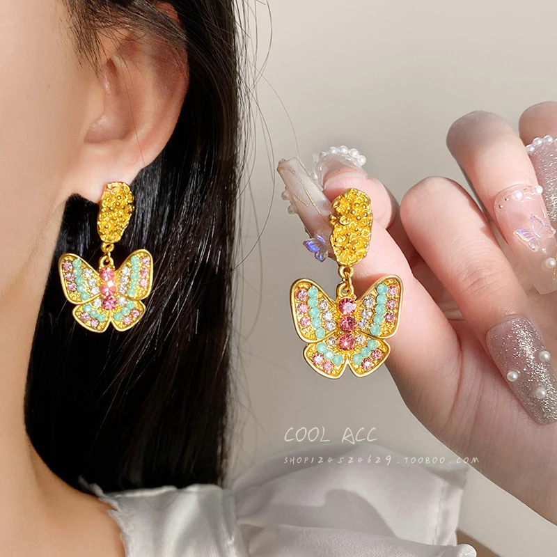 合金耳饰 925银银针中古镶钻蝴蝶耳环法式轻奢个性耳坠复古宫廷风