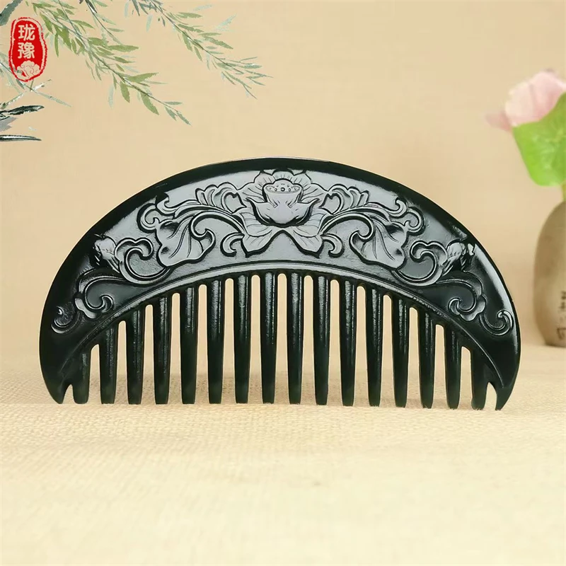 天然和田玉青玉富贵花开梳子玉梳一梳百顺女手工雕刻玉梳礼品礼物