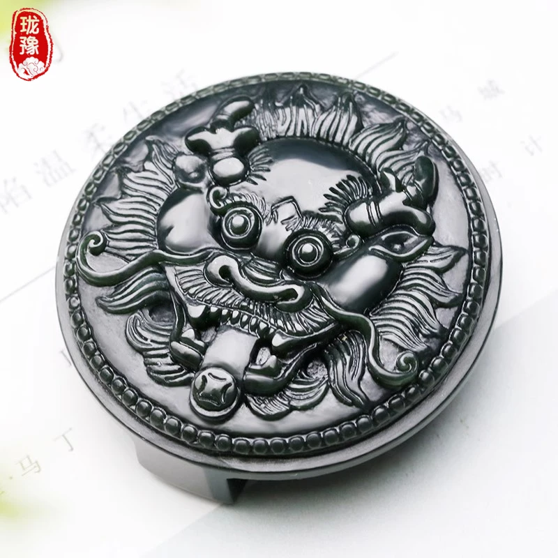 新疆和田玉腰带扣龙腾富贵腰牌男士黑青玉皮带扣生肖龙头吐钱腰牌