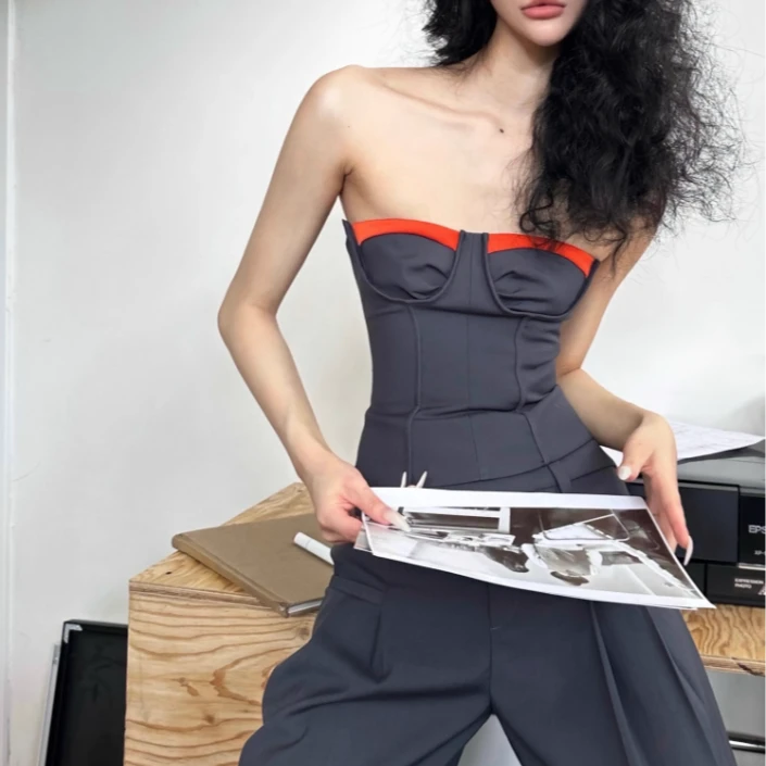 【粉丝专享价】撞色收腰抹胸阔腿裤套装E+22PP10333/E+22PP10339