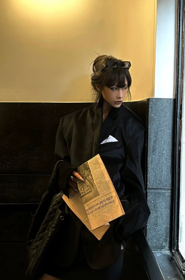 【0122stepll】复古黑色丝绒辣妹西装包臀半身裙套装KKW23XX2109/10