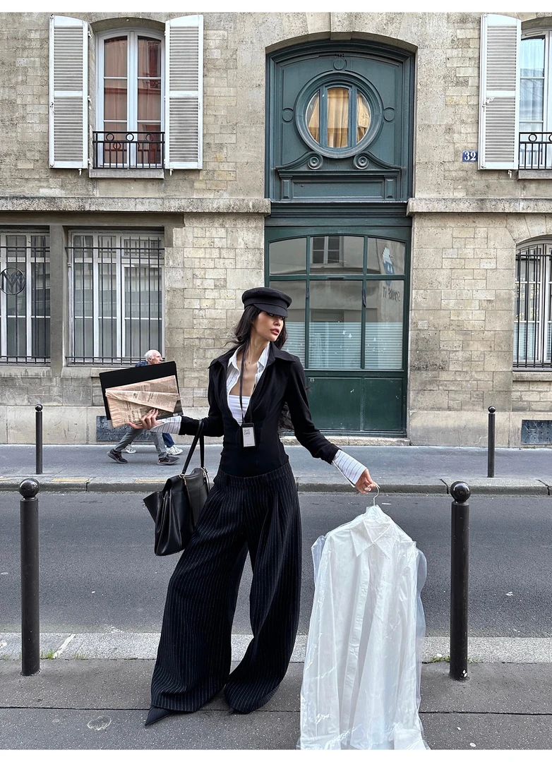 【0122stepll】职场新宠羊毛呢低腰阔腿条纹西装裤KKXMWX245338