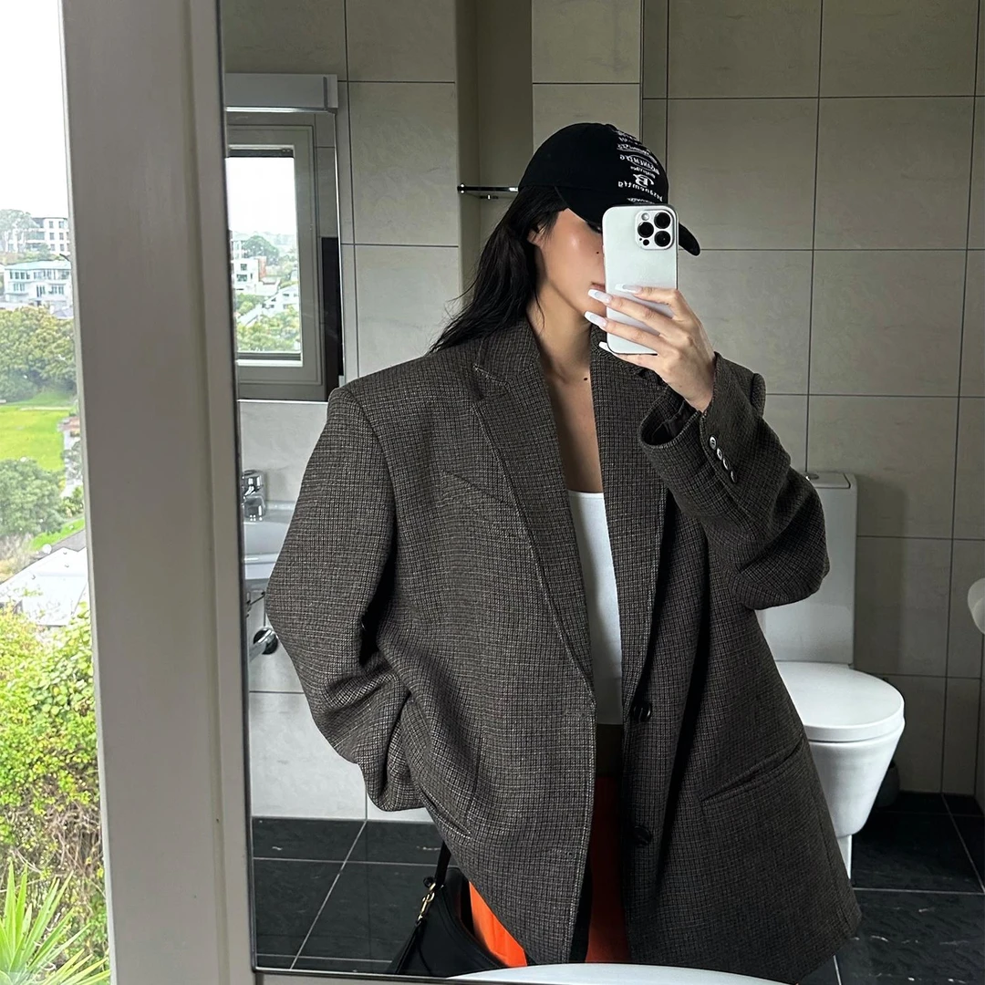 【0122stepll】经典定格 复古咖色格子西装短外套KKXMWX245045
