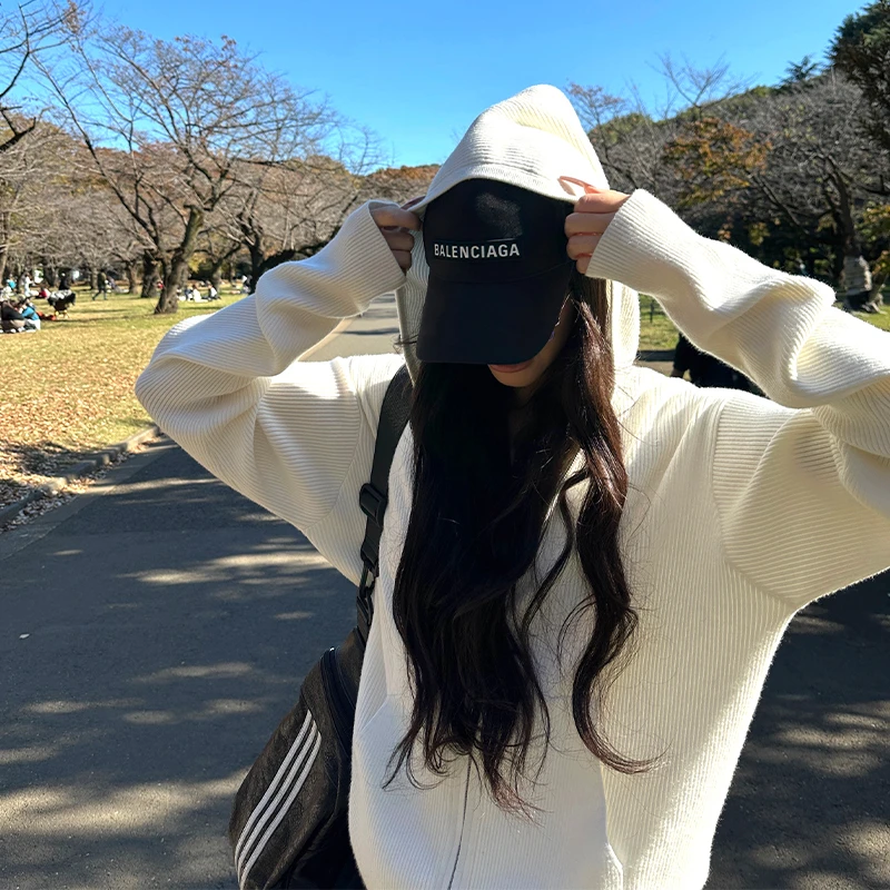 【0122stepll】白色针织衫女宽松休闲短款连帽开衫外套KKHZXX247264