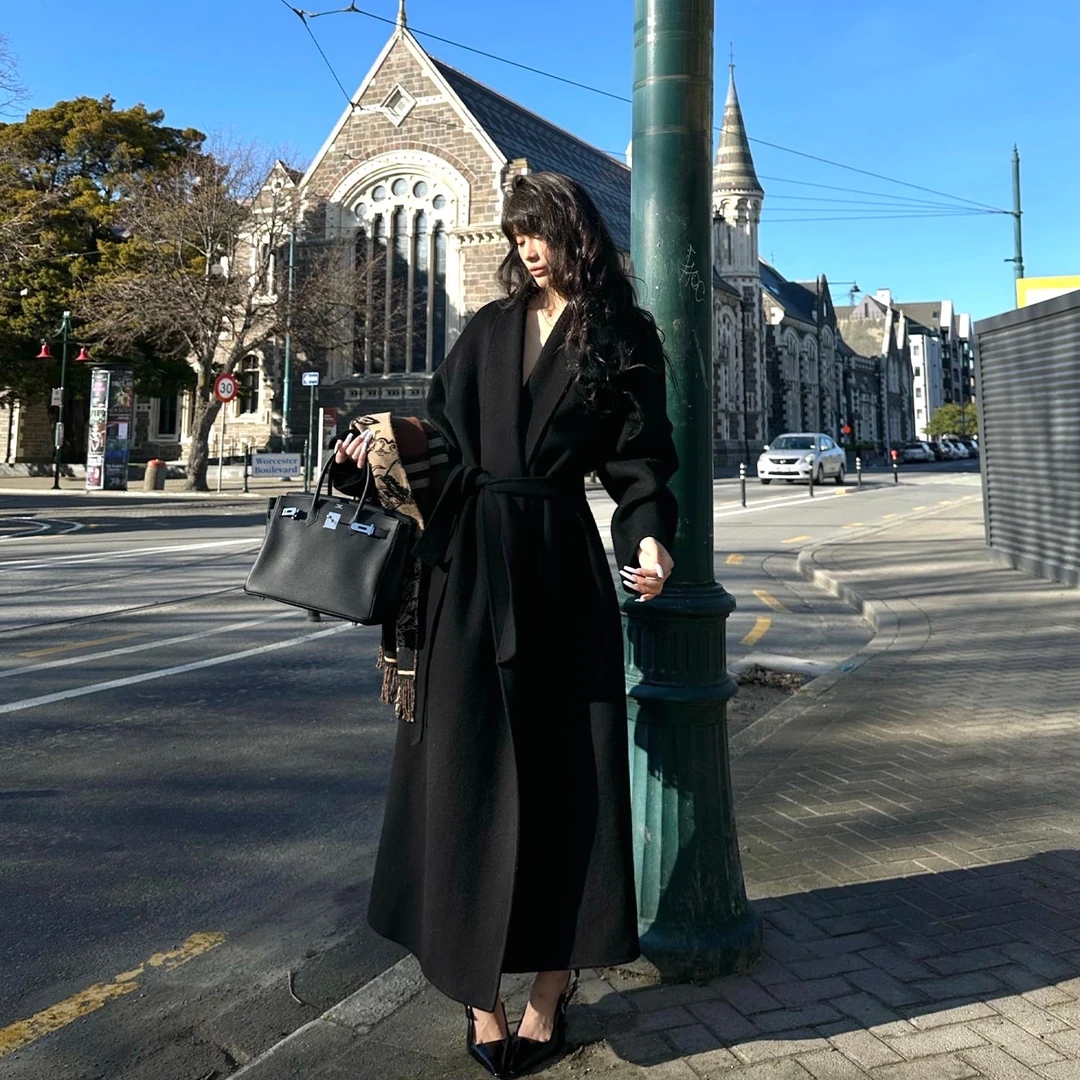 【0122stepll】都市战袍 黑色腰带睡袍式大衣毛呢外套KKXMWX243948