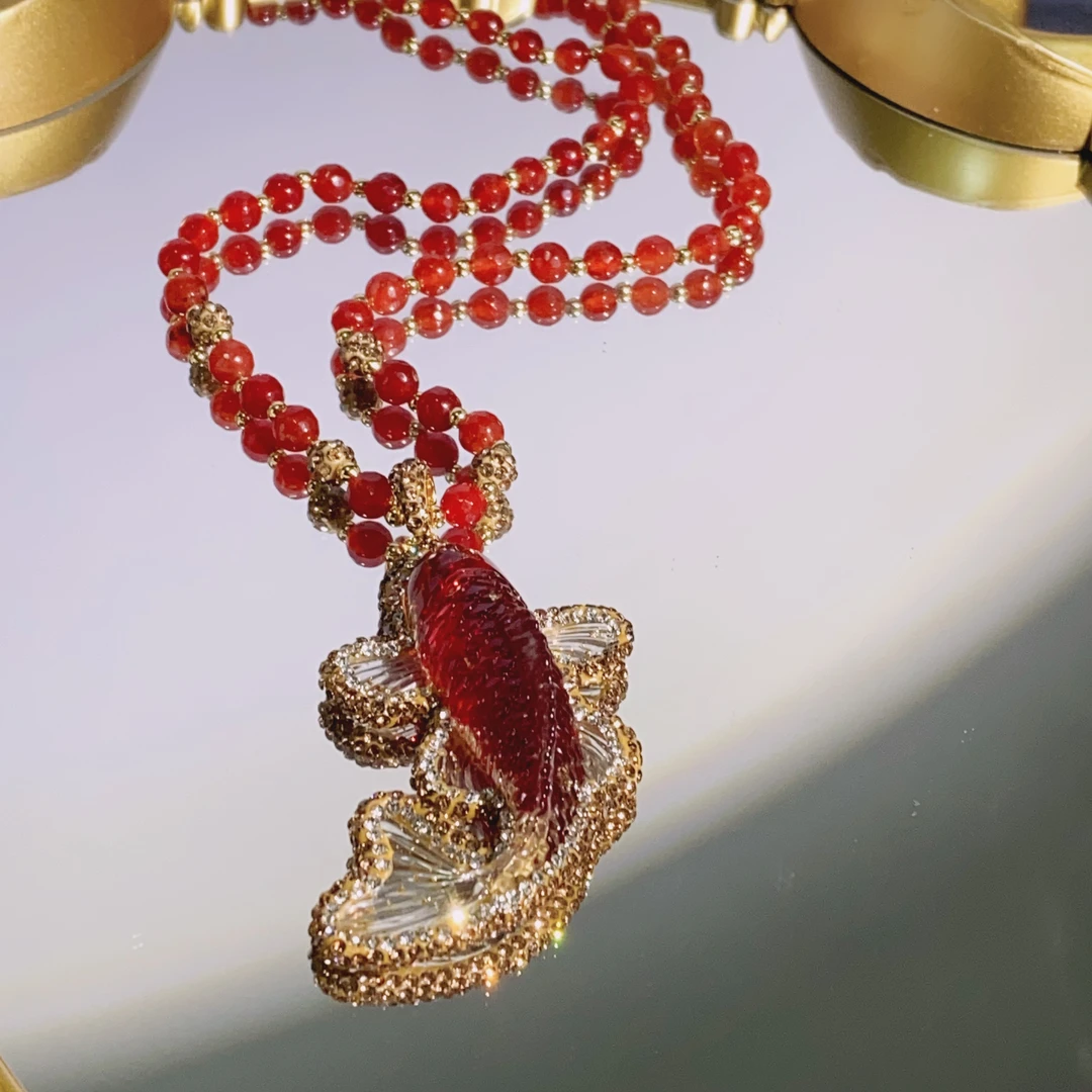铜合金合成锆石项链 TTSD 红色锦鲤金鱼吊坠时尚毛衣链260手工