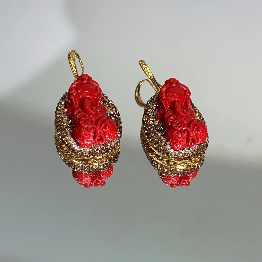 铜合金耳饰 TTSD 红色精雕貔貅吞金兽耳环3912