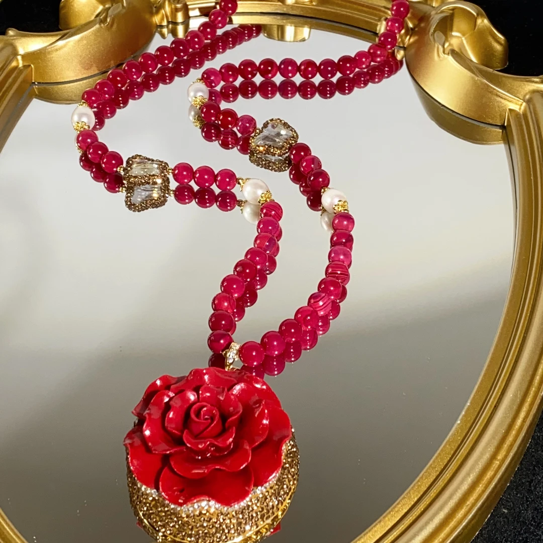 铜合金合成锆石项链 TTSD 红色花朵国风复古轻奢民族风项链 1194d
