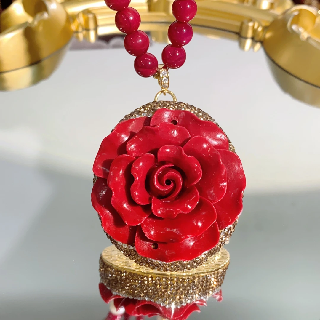 铜合金合成锆石吊坠 TTSD 红色ZS花开时尚毛衣链 4049