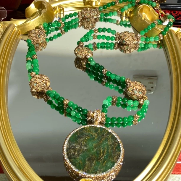 铜合金合成锆石项链 TTSD 绿色圆牌奢华时尚百搭毛衣项链 612