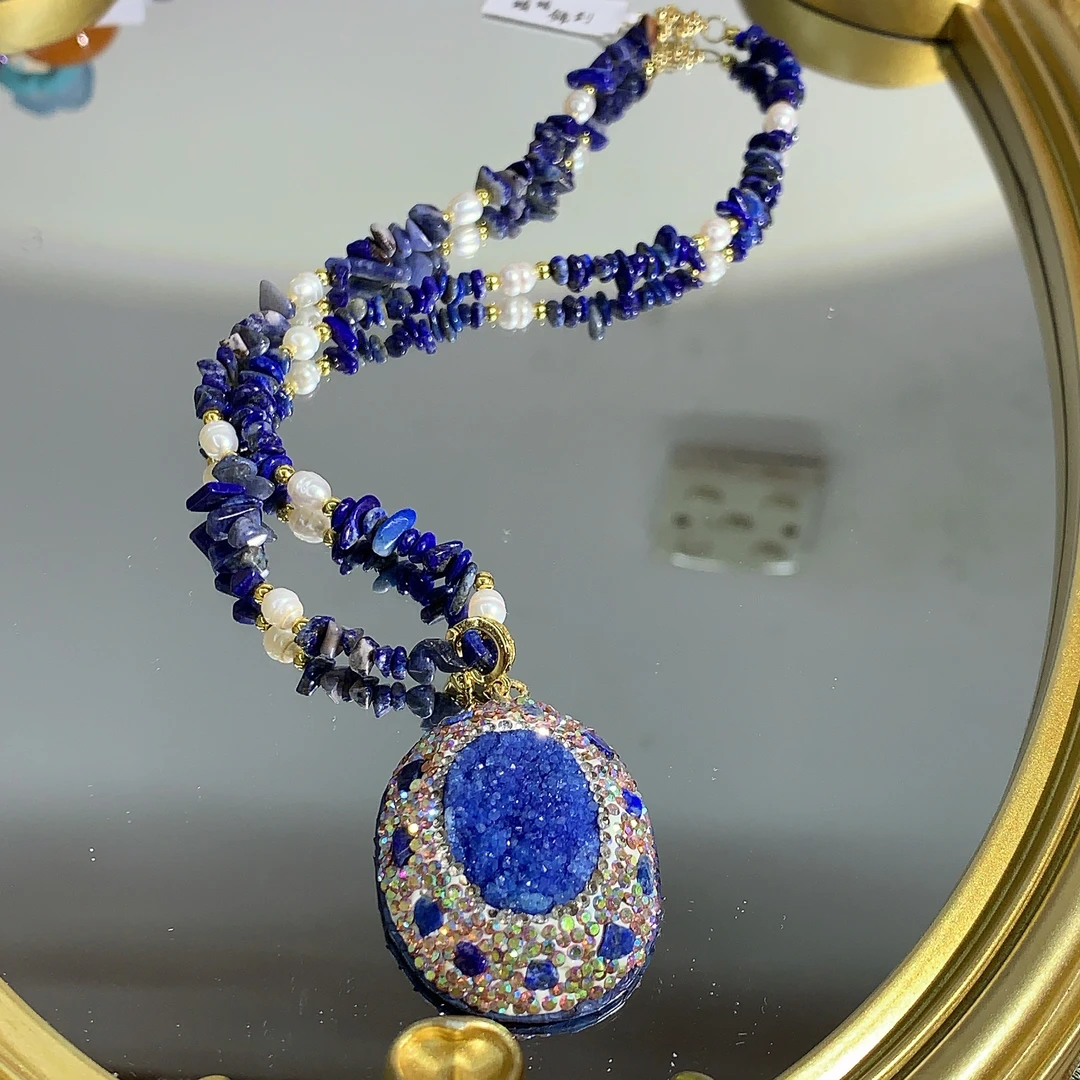 铜合金合成锆石项链 TTSD 蓝色椭圆设计百搭项链 7071