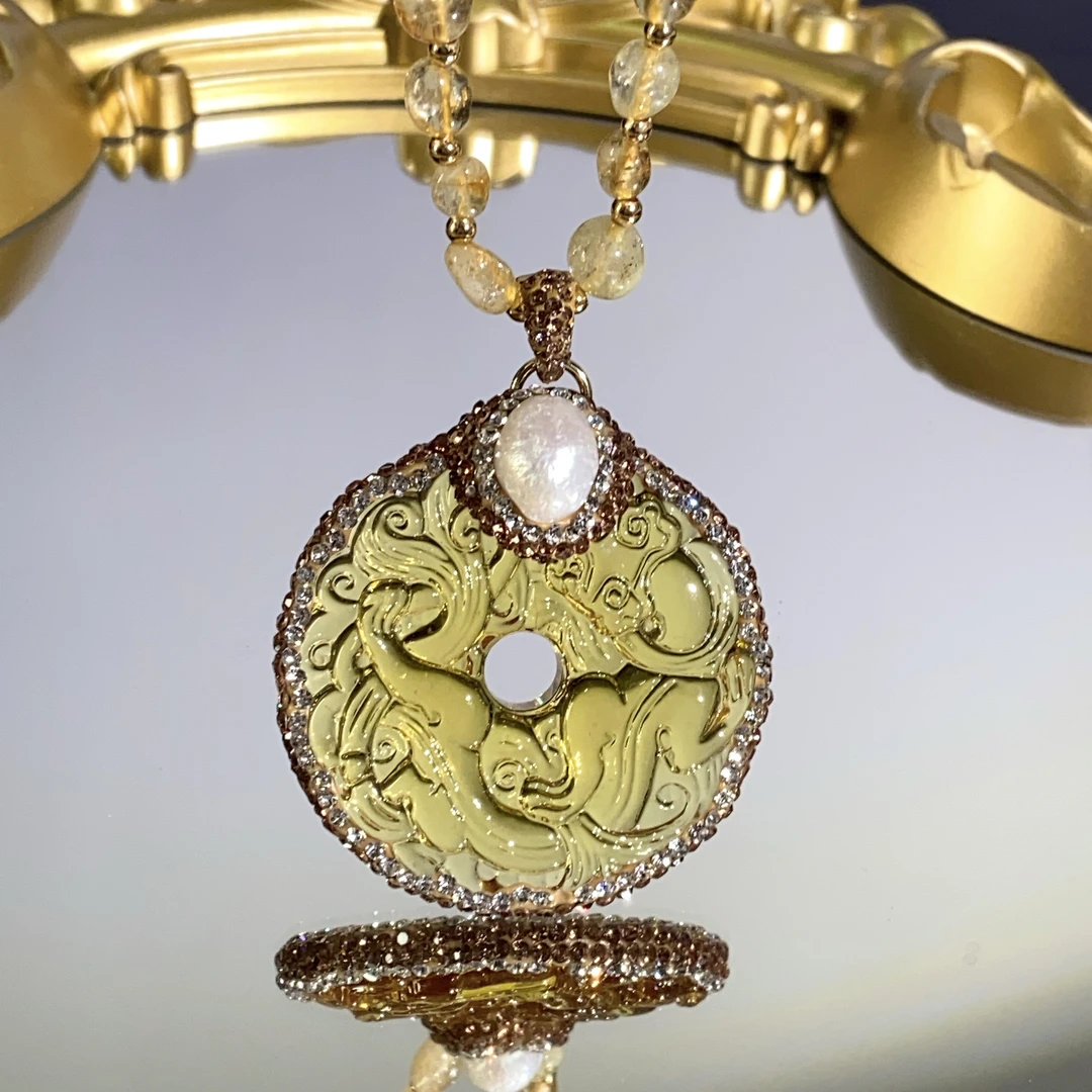 铜合金合成锆石吊坠 TTSD 黄色SHL凤凰圆牌毛衣链 3642