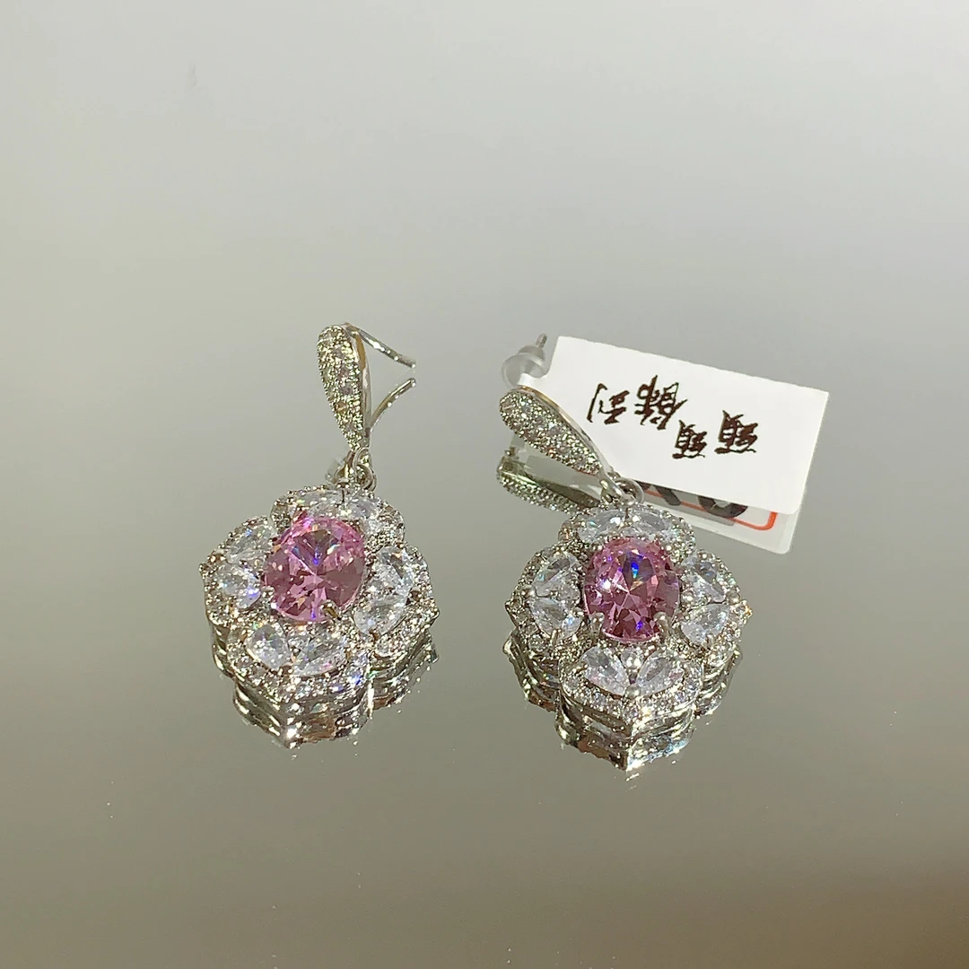 铜合金合成锆石耳饰 TTSD 粉色重工奢华时尚百搭耳饰 036