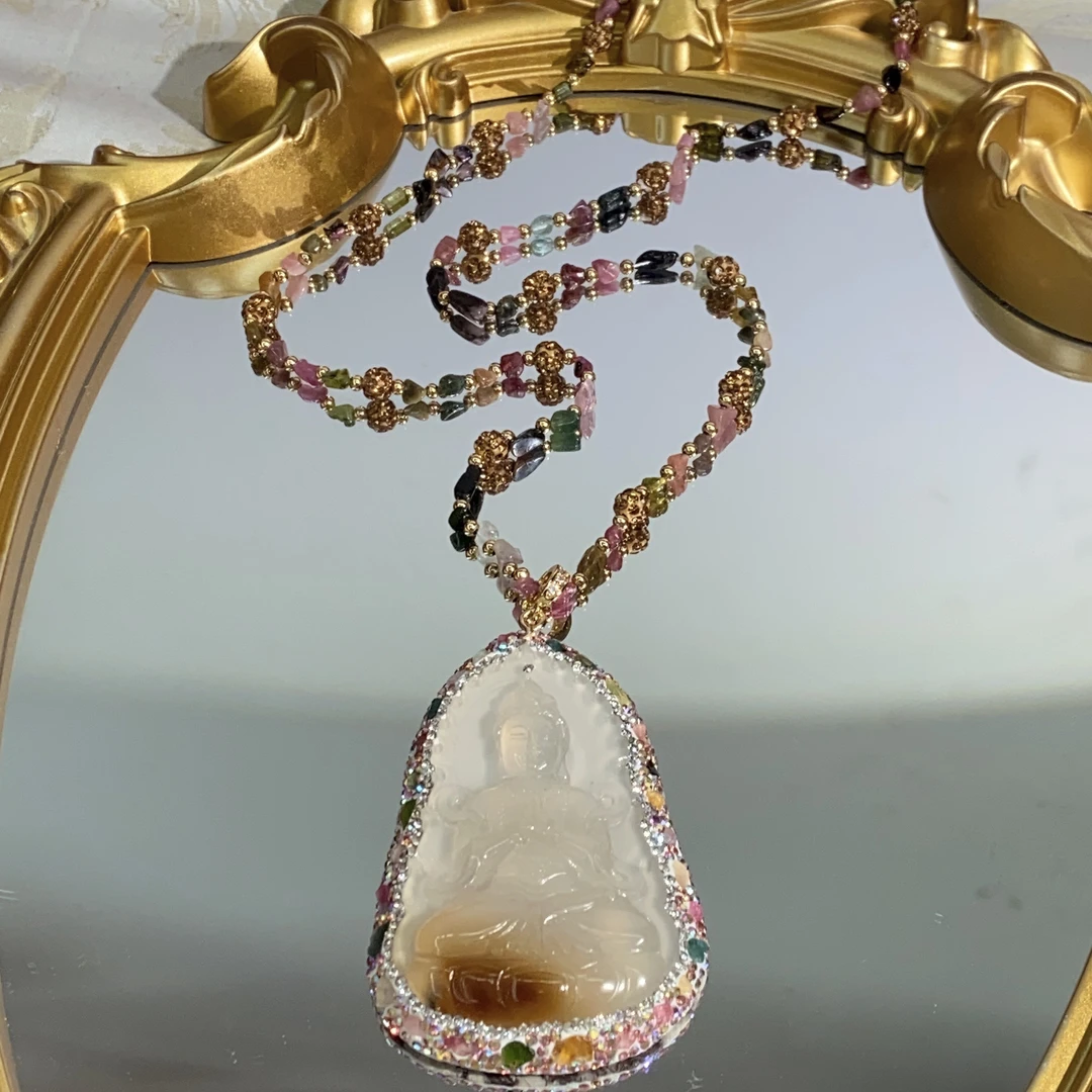 铜合金合成锆石项链 TTSD TRMN俏色巧雕观音毛衣链701