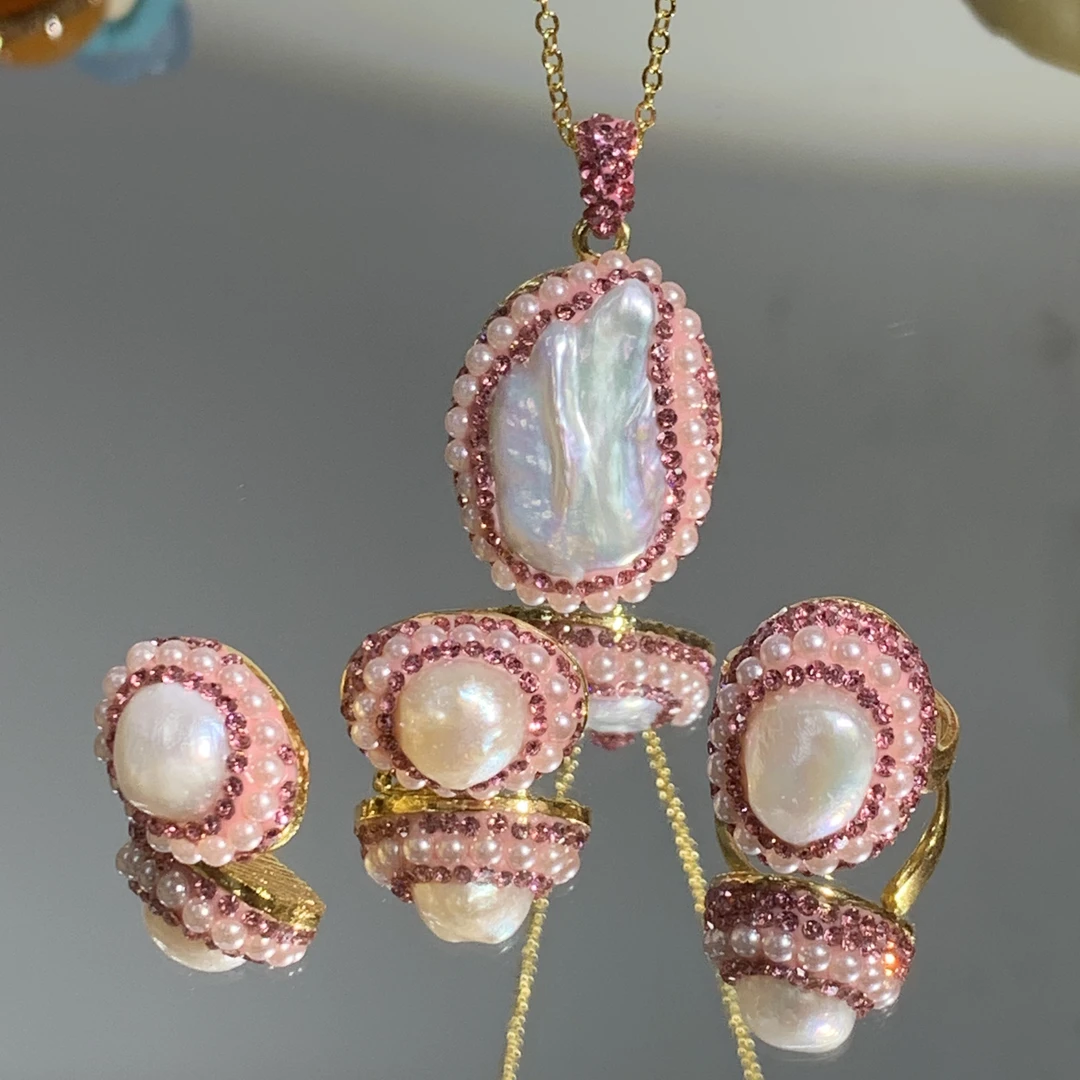 铜合金合成锆石耳饰 TTSD 粉色巴洛克小香风时尚耳饰三件套 219