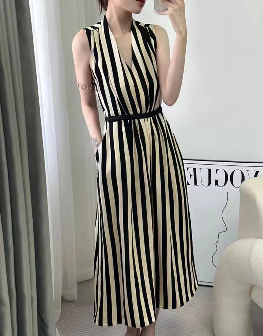 SENBIYAO森比垚 无袖竖条纹高端气质连衣裙