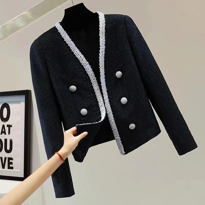 SENBIYAO/森比垚 高定短外套黑色时尚气质名媛短款排扣小香风