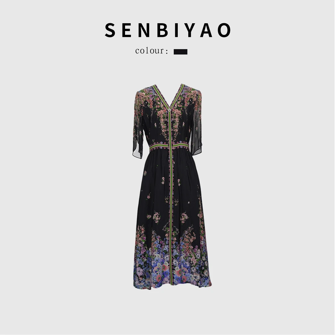 SENBIYAO/森比垚  5010#2023夏季新款时尚复古女优雅桑蚕丝连衣裙