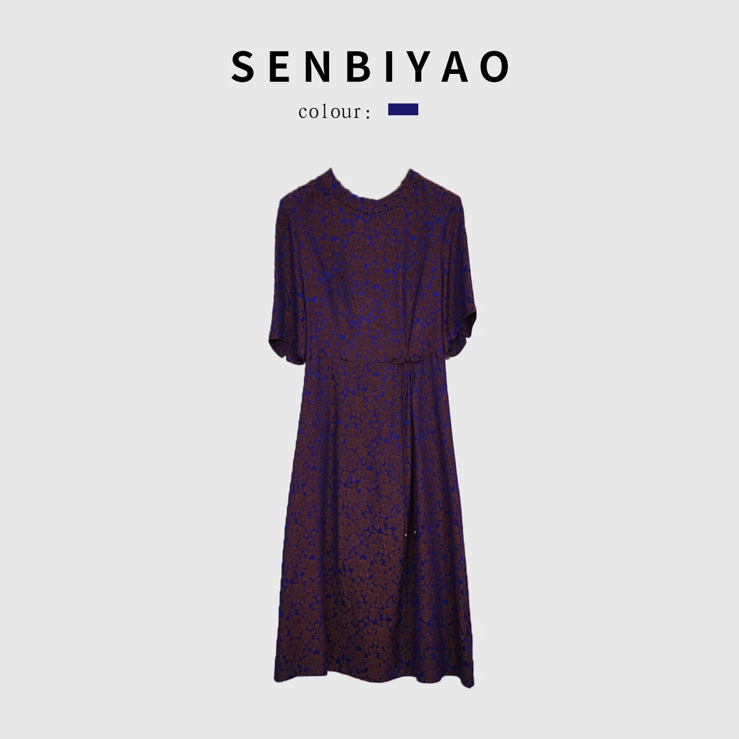 SENBIYAO/森比垚 7189#2023夏季新款时尚复古女优雅桑蚕丝连衣裙
