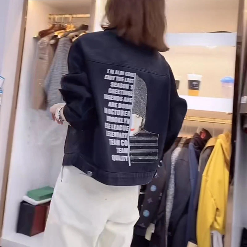 牛仔外套女2025新款潮ins长袖翻领印花宽松休闲短款水洗百搭开衫