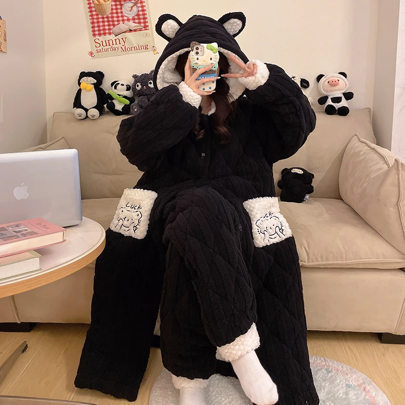 珊瑚绒三层夹棉睡衣女秋冬季加绒加厚连帽睡袍可爱浴袍家居服冬天