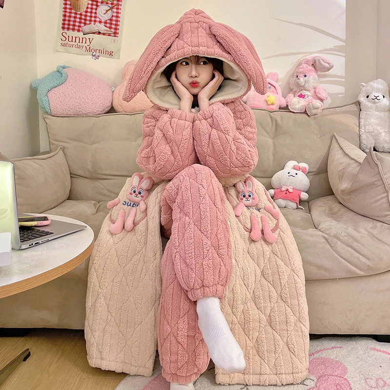 睡衣女秋冬季加绒加厚珊瑚绒三层夹棉保暖棉袄睡袍少女家居服套装