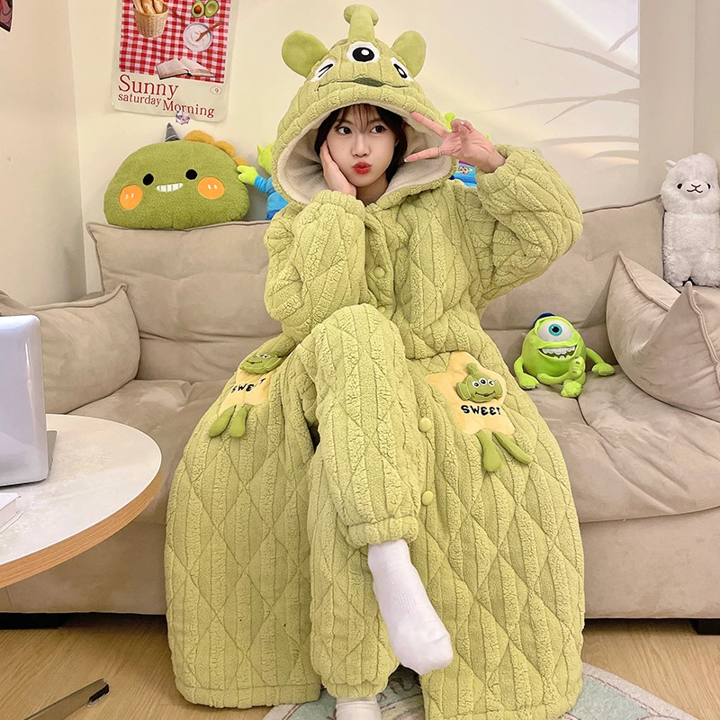 睡衣女冬季加绒加厚珊瑚绒三层夹棉保暖法兰绒长袍家居服套装睡袍