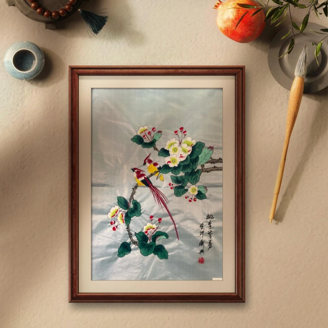 名人字画真迹《桃李芬芳》双红袍艺术家刘兴老师绢画作品2.7平尺