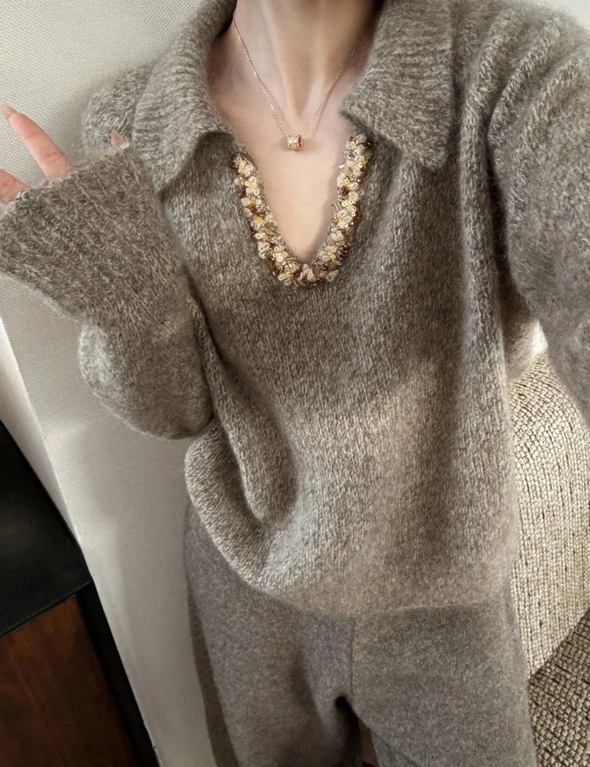 【老钱风】韩版毛衣慵懒风翻领高级美拉德宽松显瘦复古针织上衣