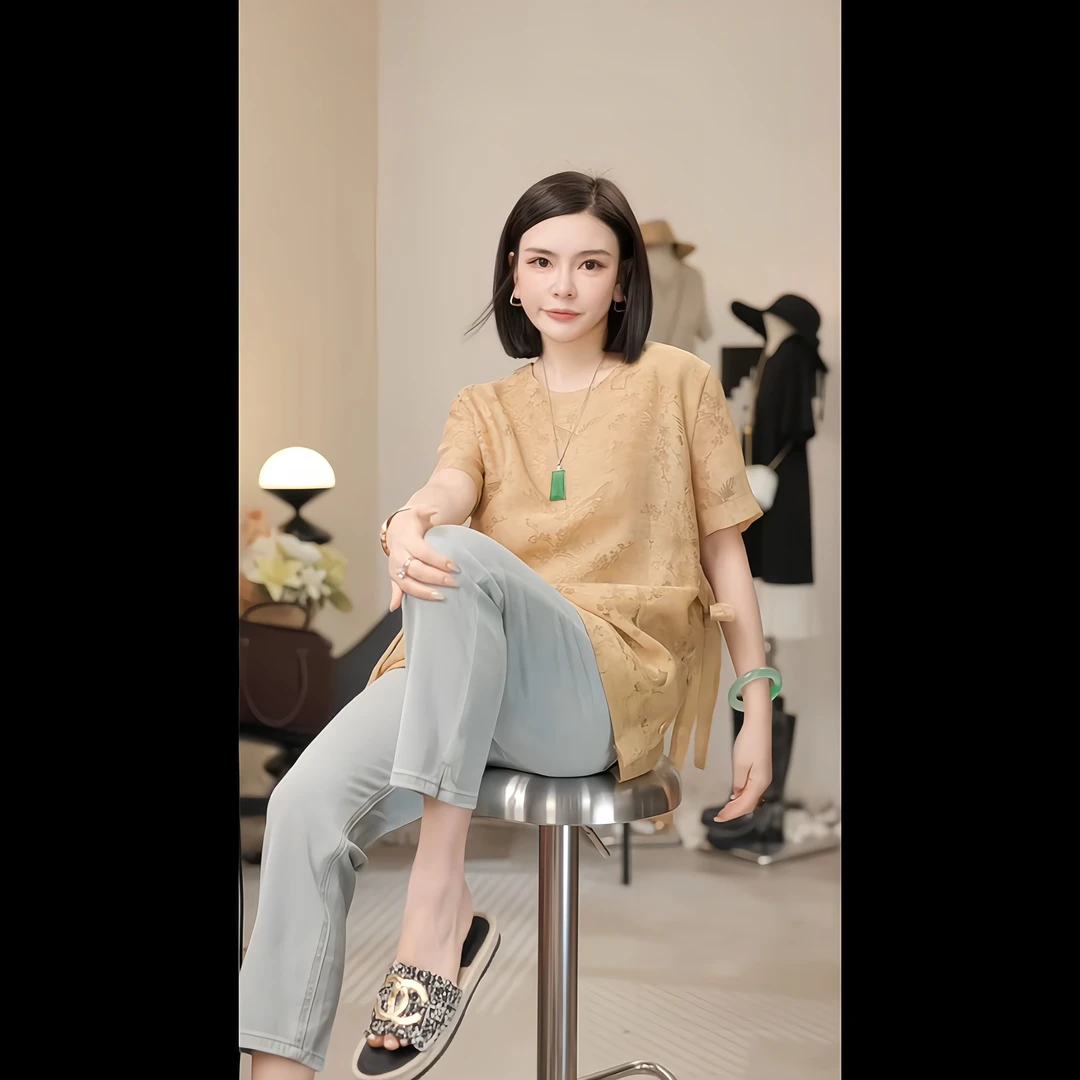 【燕子设计师品牌】夏日清凉提花蝴蝶结绑带宽松百搭T恤  20091 X