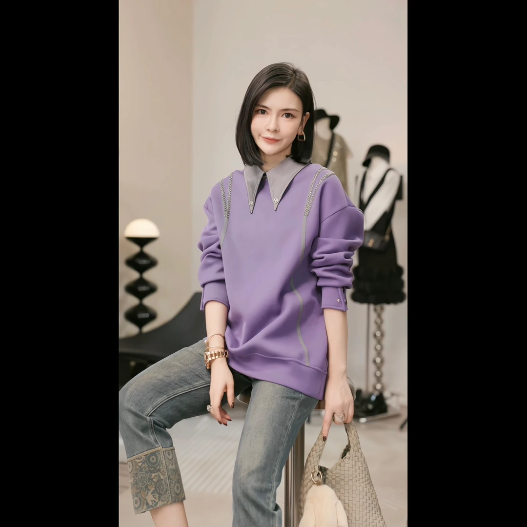 【燕子设计师品牌】紫雾漫漫 钉珠翻领百搭显瘦卫衣 13387 D
