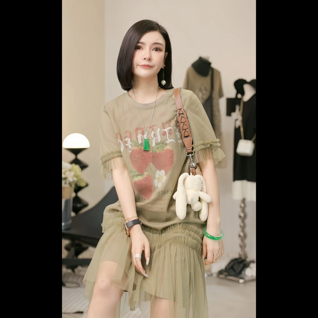 【燕子设计师品牌】夏季清凉字母草莓印花气质短袖连衣裙 19666 X