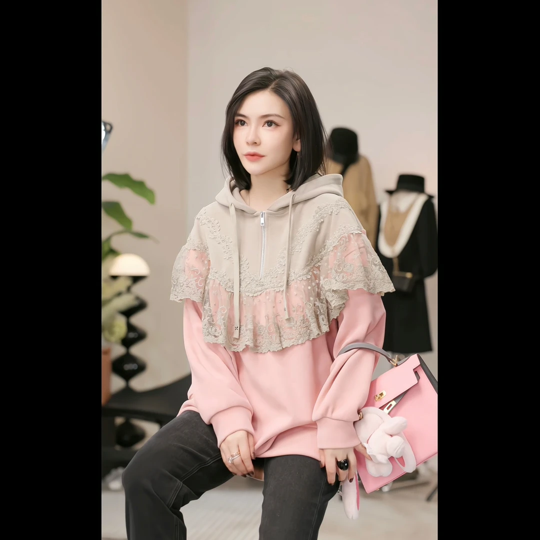 【燕子设计师品牌】粉花渐开 连帽花朵拼接百搭显瘦卫衣 13301 D