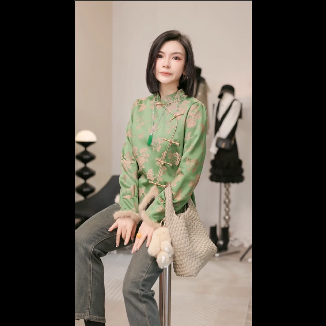 【燕子设计师品牌】薄荷穗 国风斜肩盘扣拼接长袖上衣 13931 D