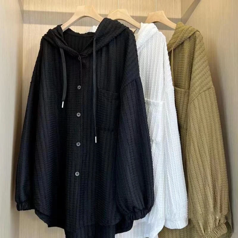 早秋衬衫特大码300斤欧货连帽开衫卫衣女微胖mm显瘦休闲遮肉外套