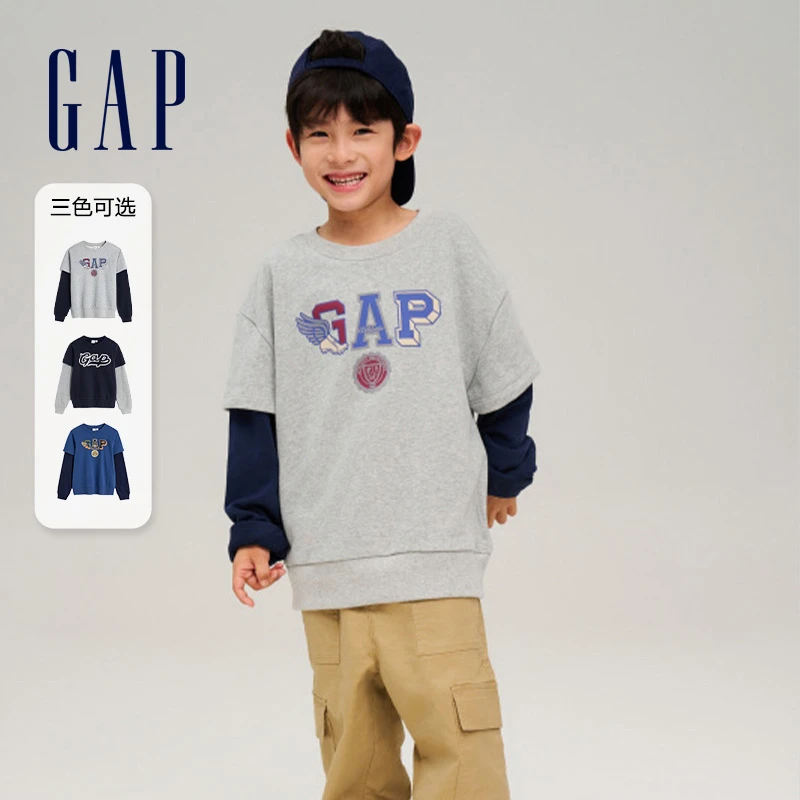 Gap男童秋季2023新款法式圈织假两件儿童装2in1 LOGO卫衣785333