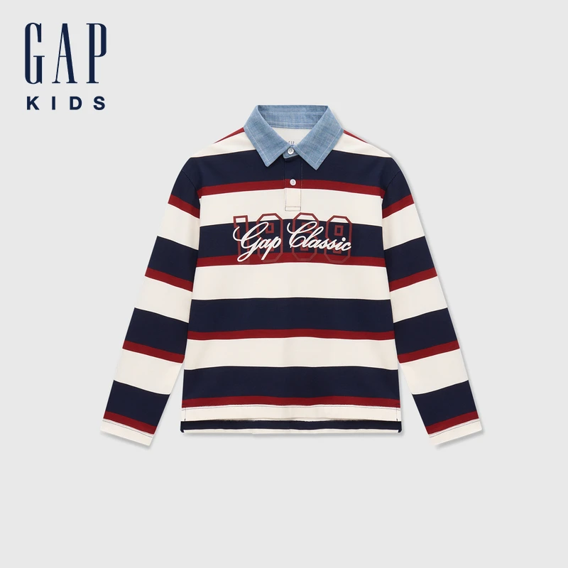 Gap男童2024初秋新款拼接翻领条纹polo衫美式儿童装长袖T恤642770