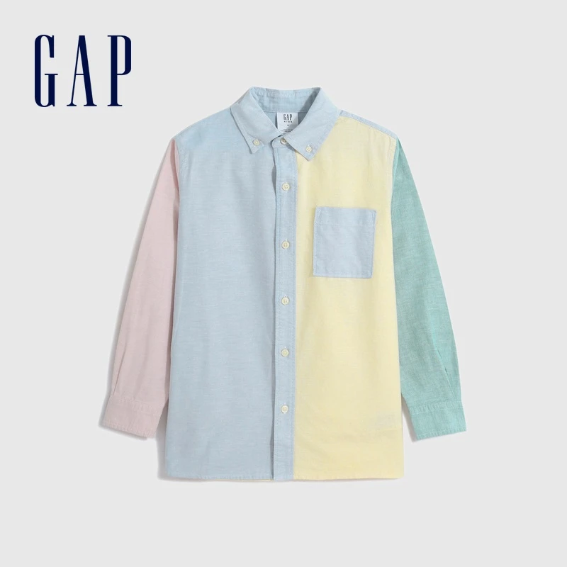 Gap男童秋季2023新款牛津布撞色翻领长袖衬衫594442儿童衬衣时尚